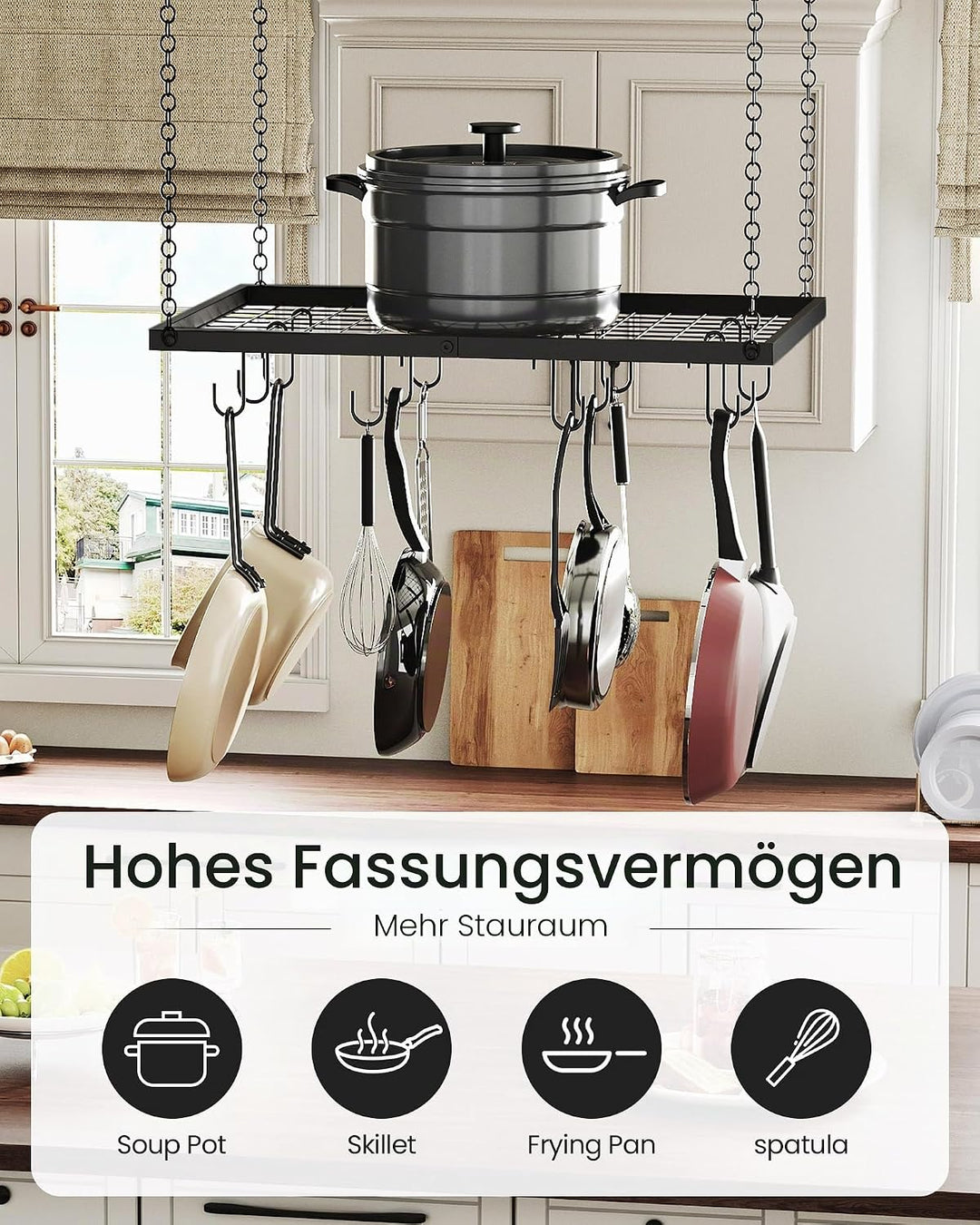 CHOEZON Küchenregal Hängend, Topfregal, Deckenregal, Metall, mit 12 Haken, für Küche, Esszimmer, Koc