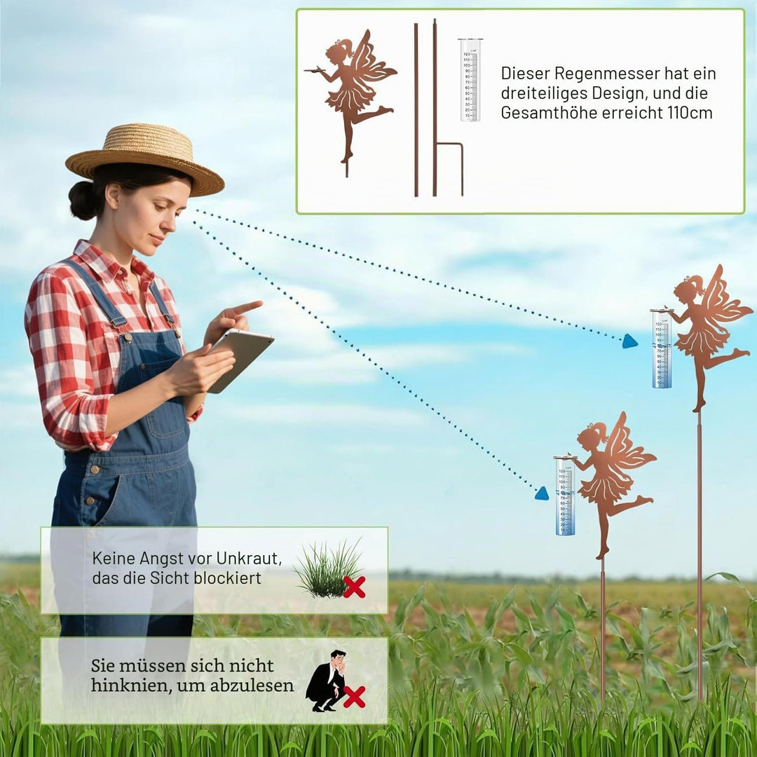 Regenmesser für Garten Niederschlagsmesser, Gartenstecker Elfe stehend Gartendeko 110cm mit stab, Re