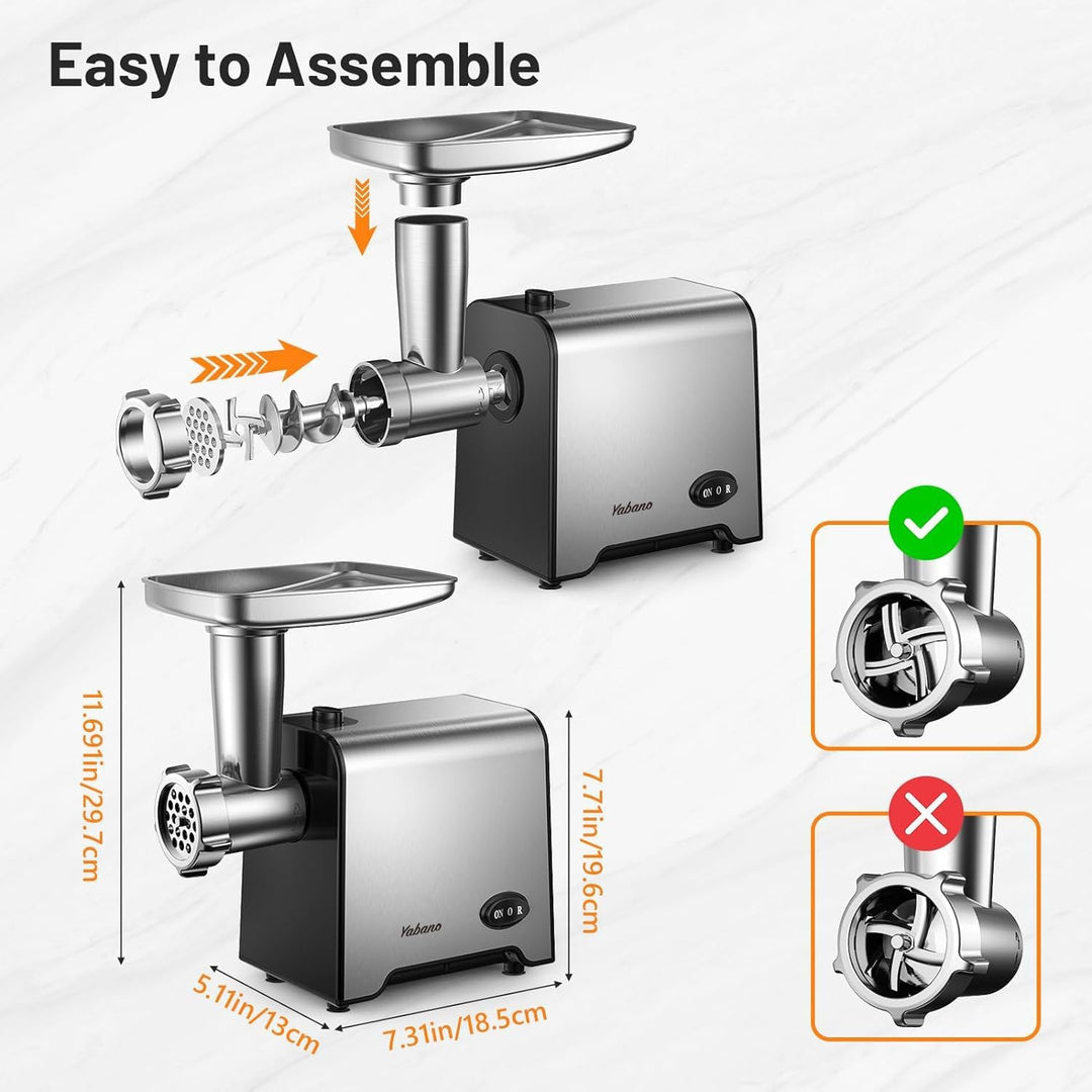 Yabano Fleischwolf Elektrisch, Wurstaufsatz, 3 Edelstahl Loch-Scheiben (3, 5, 7mm), Stopfer, Kebbe-A