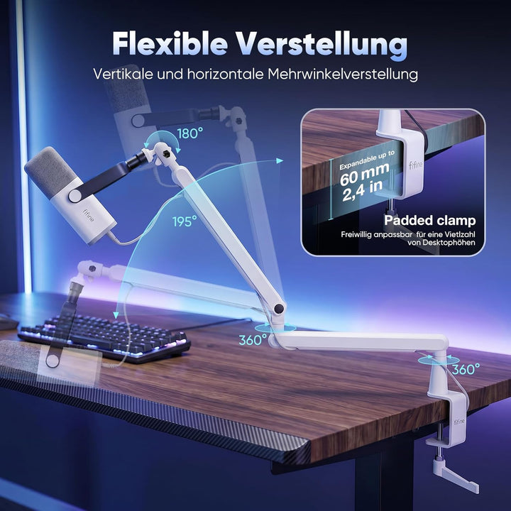 FIFINE Mikrofon Arm, flach einstellbarer Stangen Mikrofon Ständer mit Mikrofonclip, Schraubenadapter