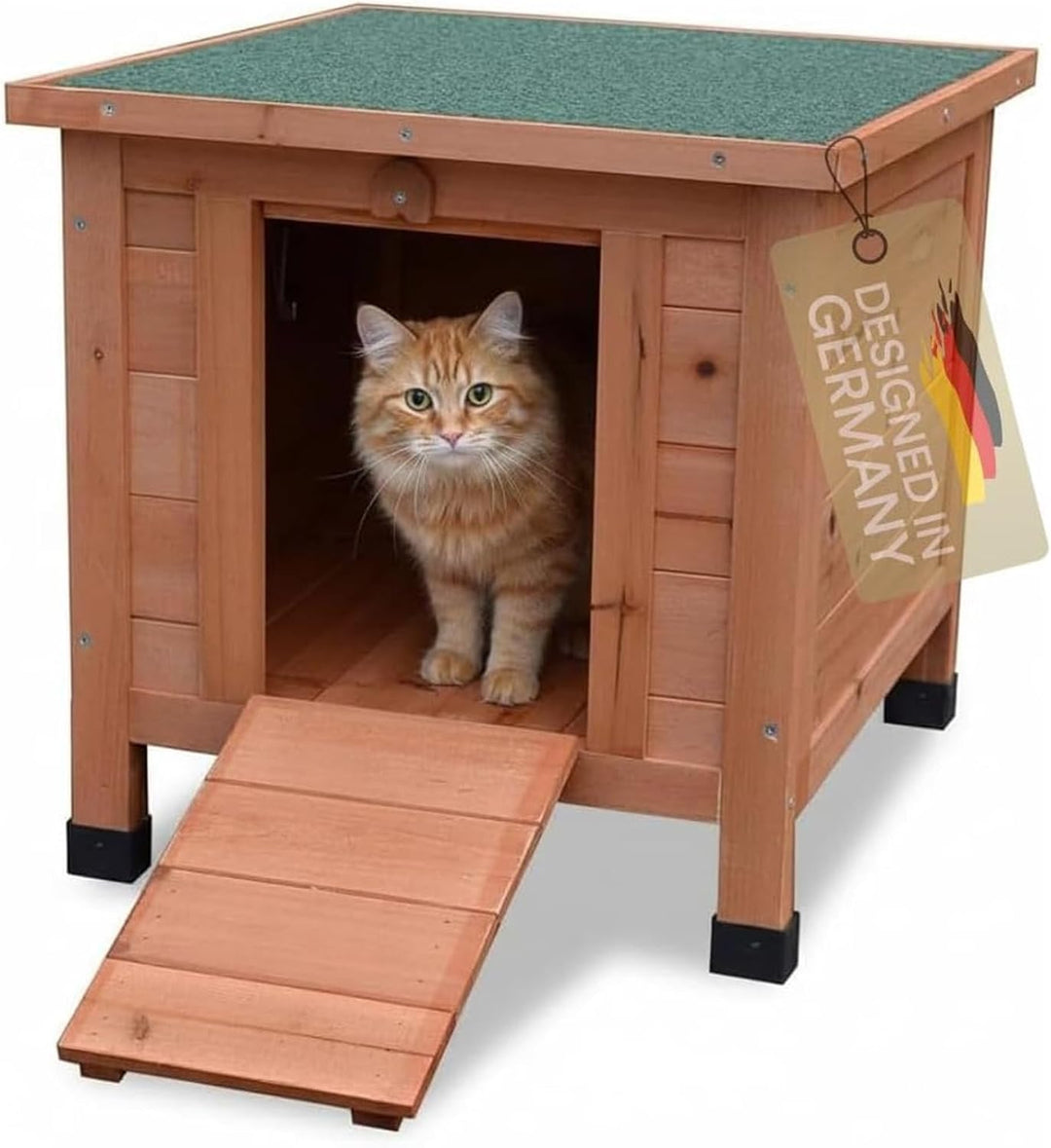 Mucola Wetterfestes Holz Katzenhaus Outdoor | 42x43x50 cm Tierhaus mit Klappdach, Rampe, Fichtenholz