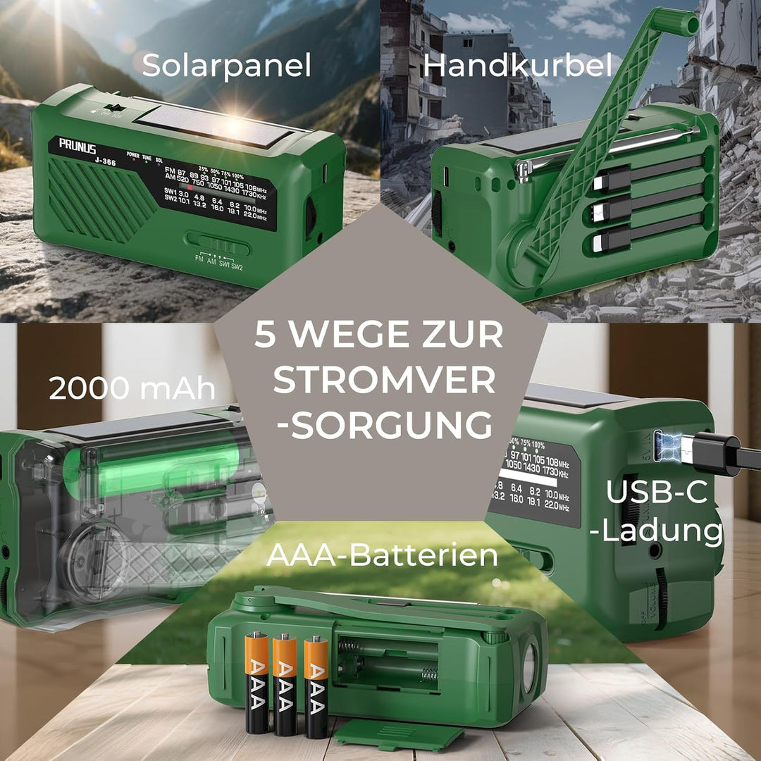 PRUNUS J-366 FM/AM/SW Kurbelradio Notfall Weltempfänger, Radio Batteriebetrieben oder 2000mAh Akku,
