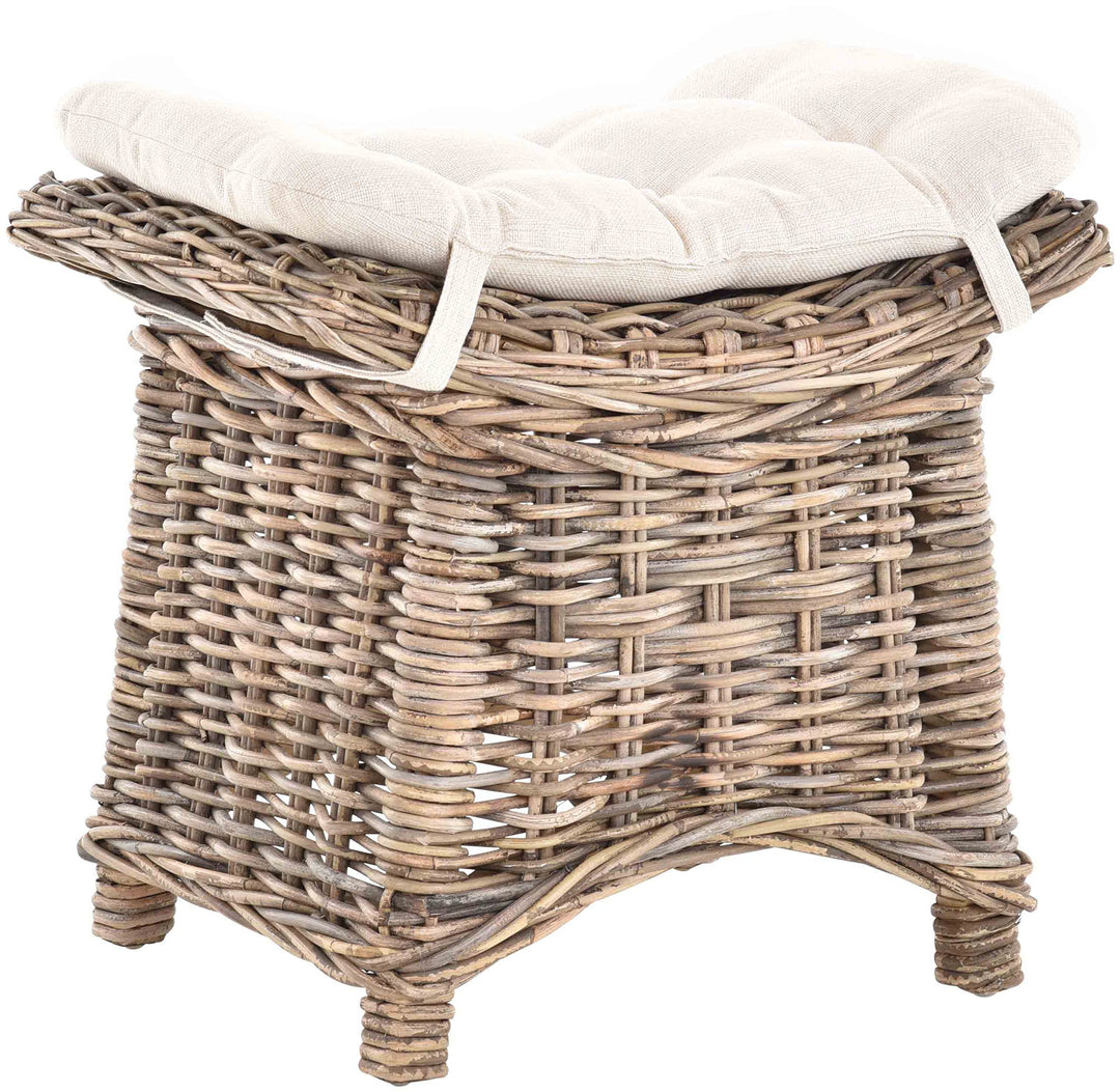 Fusshocker mit geschwungener Ablage, Stabiler Sitzhocker/Schemel/Hocker aus echtem Rattan mit Kissen
