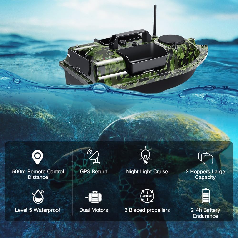 500M 3 Hopper GPS futterboot mit echolot und GPS, LCD Sensor Fischfinder, Mit Handtasche, 12000mAh B