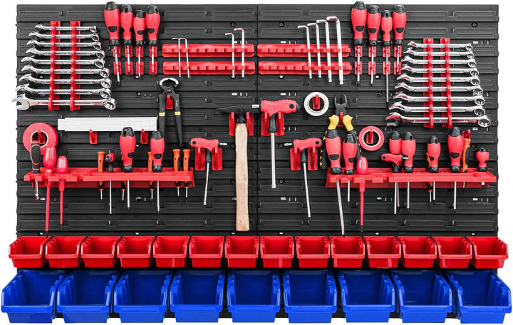 Werkzeugwand Stapelboxen - 1152 x 780 mm - Lagersystem SET Werkzeughaltern und 23 Rot/Blau Boxen - W