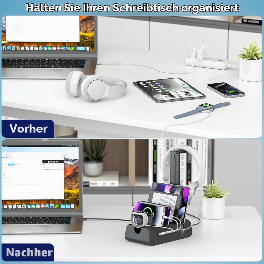KDD Ladestation für Mehrere Geräte mit 6 Port – 6 in 1 Handy Ladestation mit Kopfhörer &amp; Uhrenhalter