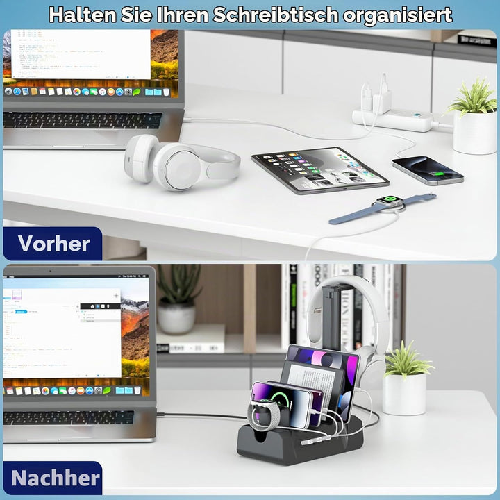 KDD Ladestation für Mehrere Geräte mit 6 Port – 6 in 1 Handy Ladestation mit Kopfhörer &amp; Uhrenhalter