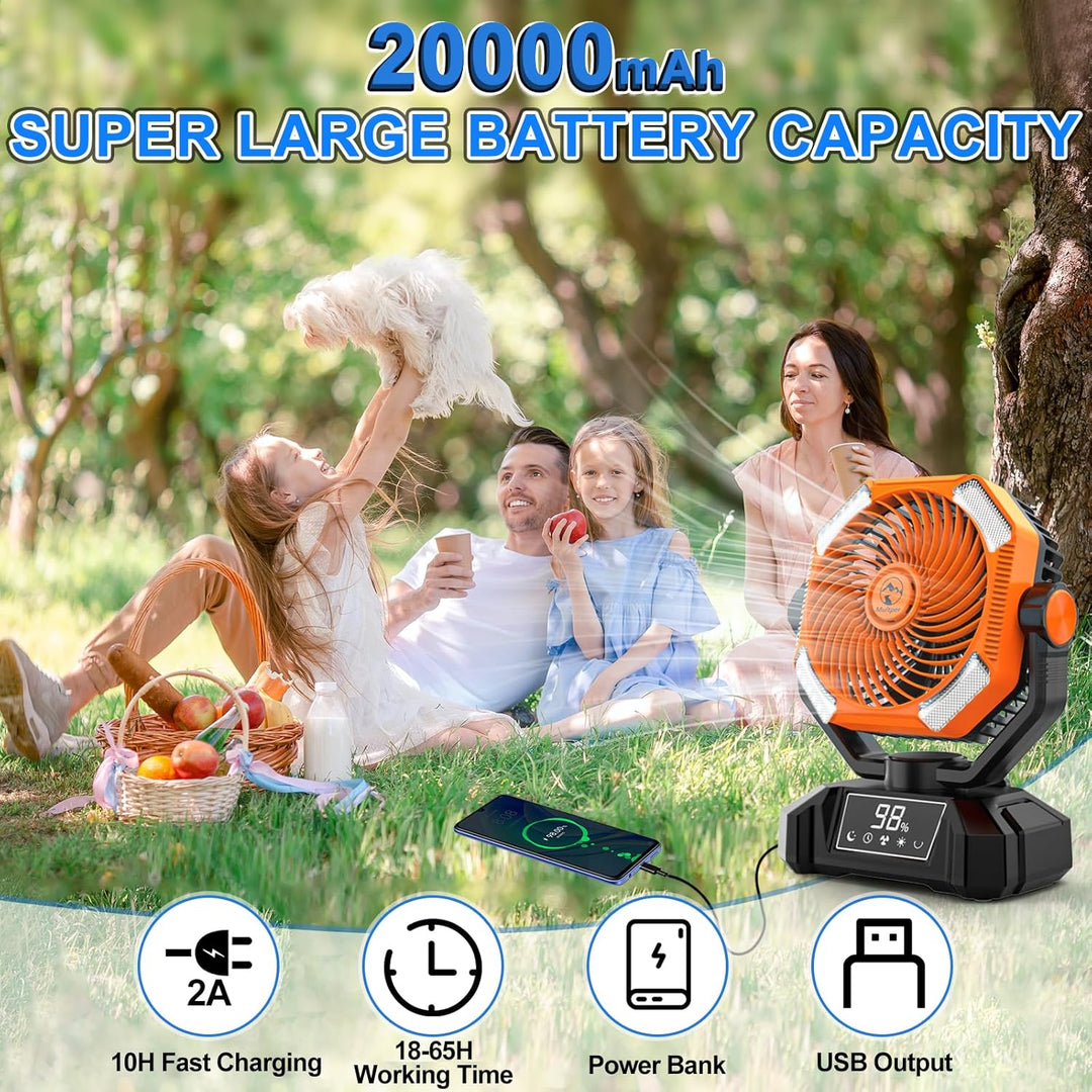 Multper Camping Ventilator mit LED-Licht, 20000mAh Wiederaufladbarer Outdoor Zelt Ventilator mit Hak
