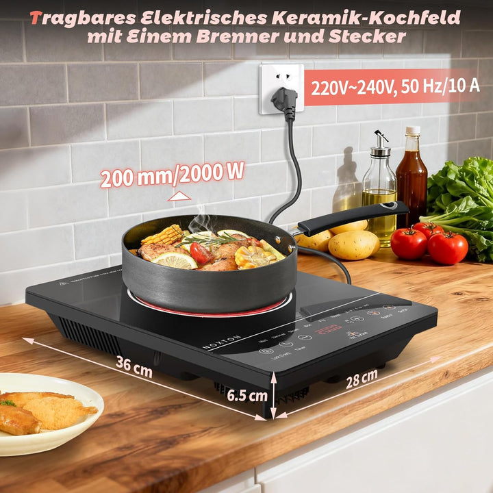 NOXTON Induktionskochfeld Einfeld 9 Leistungsstufen 2000W, Touch-Control mit LED-Display, 4h Timer,