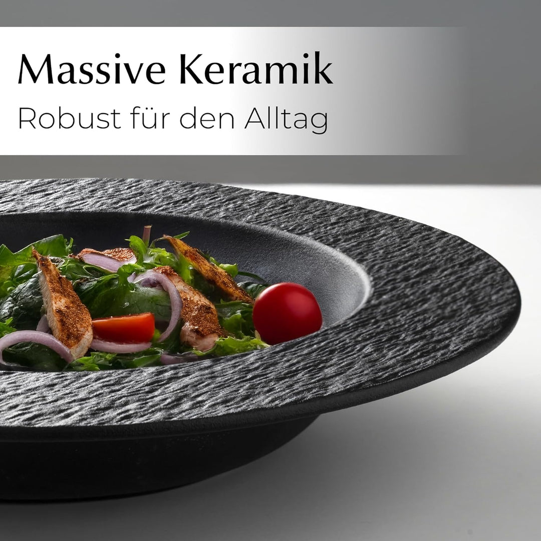 MIAMIO – 26 cm, 4er Pastateller-Set, grosse tiefe Suppenteller, modernes Keramik-Geschirr in schwarz