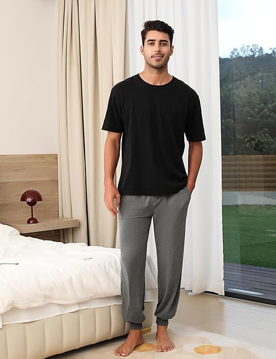 Marvmys Schlafanzughose Herren Lang mit Bündchen Einfarbige Pyjamahose für Männer Schlafhose Haushos