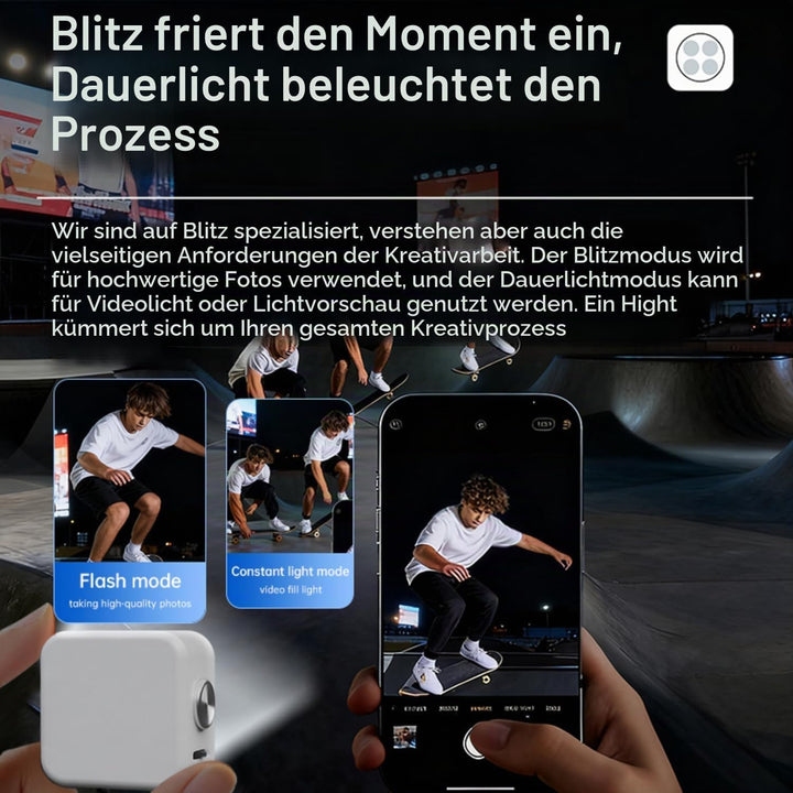 Funmount Externes Smartphone-Blitzlicht 18W mit 3W Dauerlicht · Magnetische Handy Fotolampe · Synchr