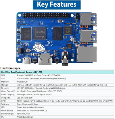 GeeekPi BPI-M5 Amlogic S905X3 Single Board Computer with 4GB RAM and 16G eMMC, Banana Pi BPI-M5 Gehä