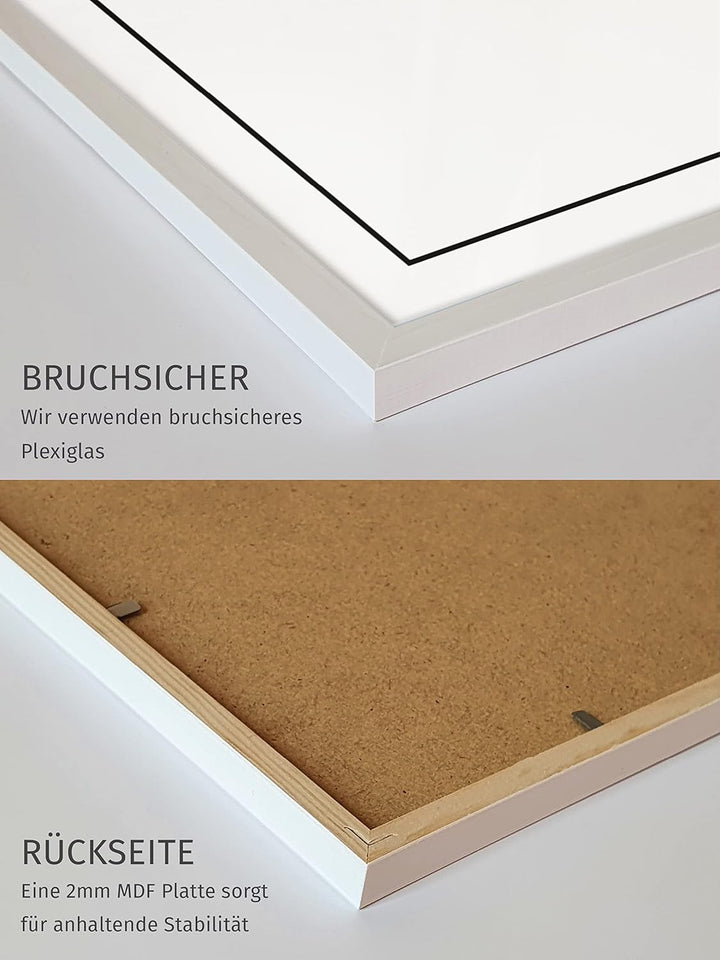 JUNOMI® Bilderrahmen 40x50 cm Holz | Farbe Weiss | Posterrahmen mit bruchsicherem Acrylglas | Hoch-