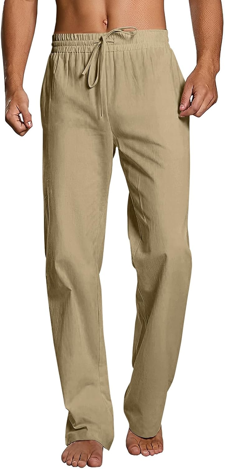 CTU Herren-Leinenhose, leger, elastischer Bund, Sommer, Strand, locker, Yogahose, M-3XL M Beige, M B