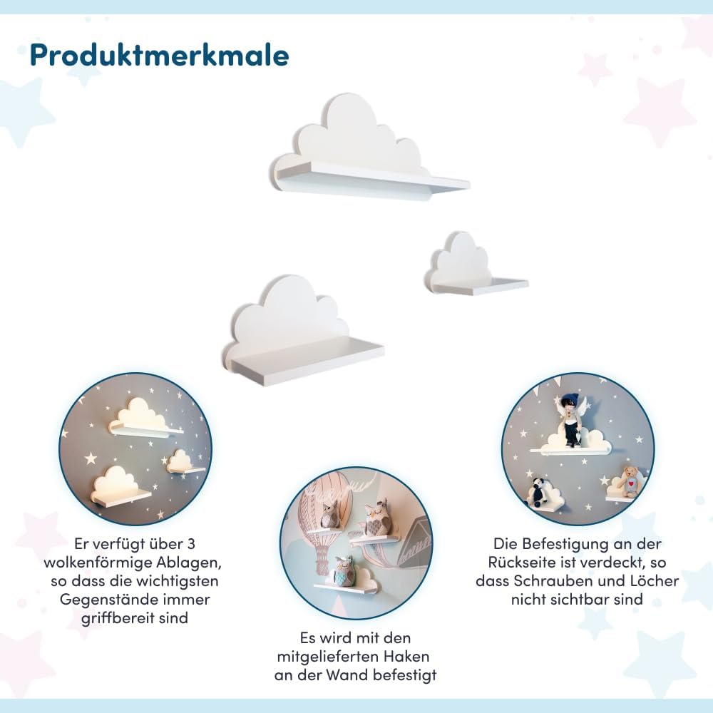 3er Set Wandregal Kinderzimmer Weiss | Babyzimmer Wolkenregal für Bücher, Spielzeug, Dekoration | Re