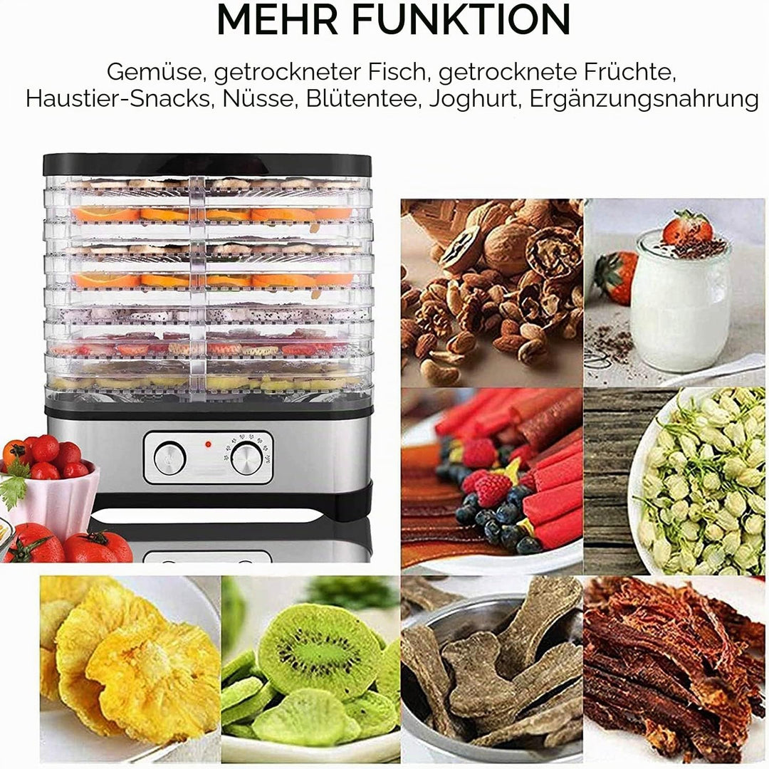 Dörrautomat Edelstahl, Dörrapparat Dehydrator Dörrgerät mit 8 Einlegefächer, Temperaturregelung 35-7