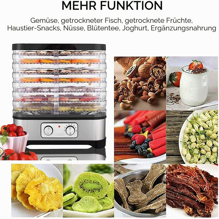 Dörrautomat Edelstahl, Dörrapparat Dehydrator Dörrgerät mit 8 Einlegefächer, Temperaturregelung 35-7