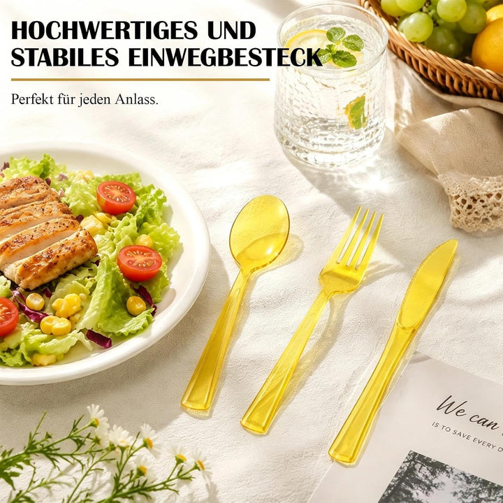150 Stück Wiederverwendbares Besteck Set, Halbttransparentes Gelbes Party Besteck mit Gabeln Messer