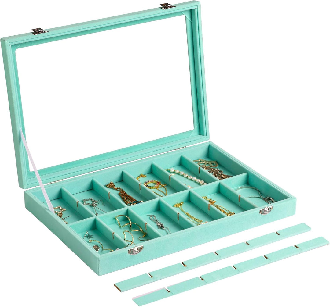 Frebeauty Schmucktablett aus Samt, 24 Fächer, Schmuck-Organizer mit transparentem Deckel, transparen