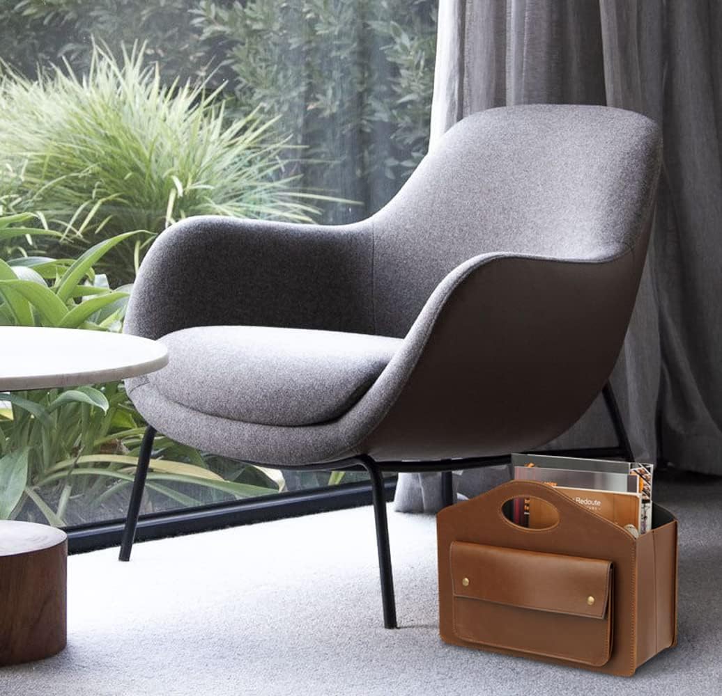 HofferRuffer Leder Zeitschriftenhalter mit Griff, Faltbarer Zeitungshalter mit Kleiner Vordertasche,