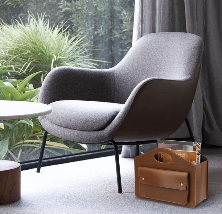 HofferRuffer Leder Zeitschriftenhalter mit Griff, Faltbarer Zeitungshalter mit Kleiner Vordertasche,