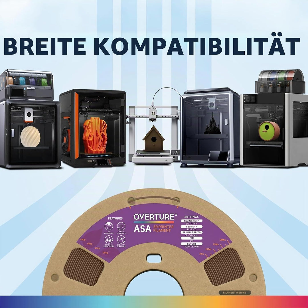 OVERTURE ASA Filament 1.75mm, Spule 1kg (2.2lbs), Massgenauigkeit +/- 0.03 mm, für 3D Drucker (Braun