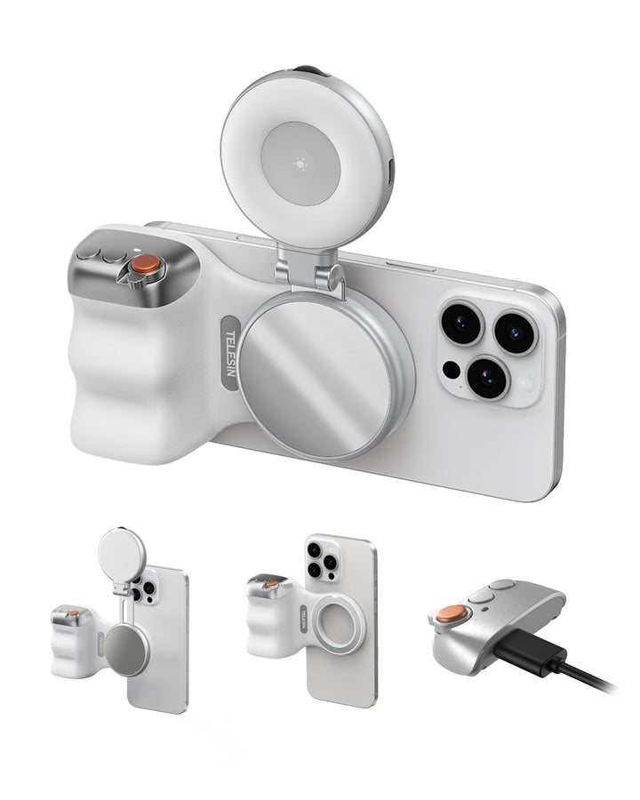 TELESIN Fun Shot Smartphone Handle Grip + TELESIN C03 Magnetische Selfie-Licht (Silber) Set, Kompati
