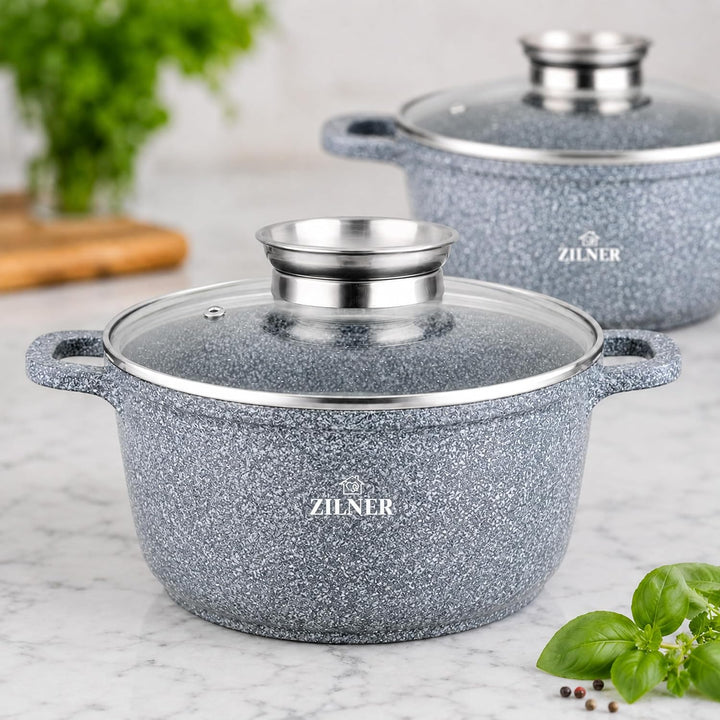 Topfset 8-teilig Induktion | Marmorbeschichtung Kochtöpfe Set mit Glasdeckeln | Antihaft Kochgeschir