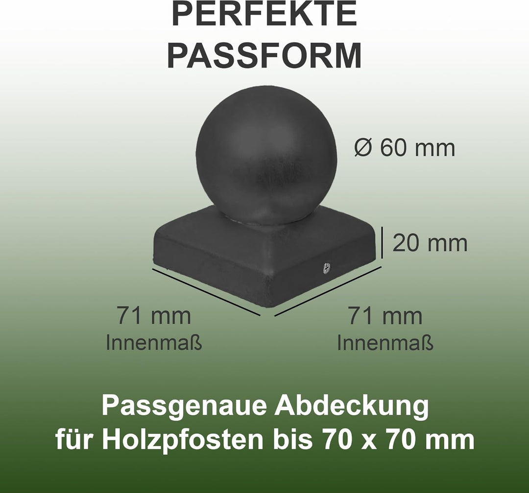 h2i Pfostenkappe Kugel | Stahl Schwarz pulverbeschichtet | 71 x 71 mm | 10 Stück | Abdeckkappe für G
