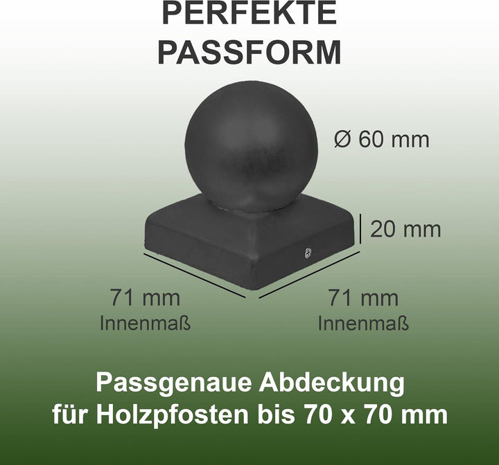 h2i Pfostenkappe Kugel | Stahl Schwarz pulverbeschichtet | 71 x 71 mm | 10 Stück | Abdeckkappe für G