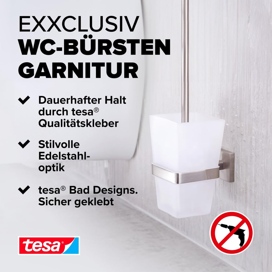 tesa EXXCLUSIV Toilettenbürsten-Set, verchromt, mit satiniertem Glas - zur Wandbefestigung ohne Bohr