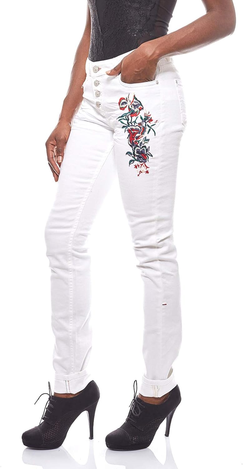 H.I.S. angesagte Damen Jeans-Hose mit Blumenstickereien Trend-Hose Hose Weiss, Grössenauswahl:W42/L3