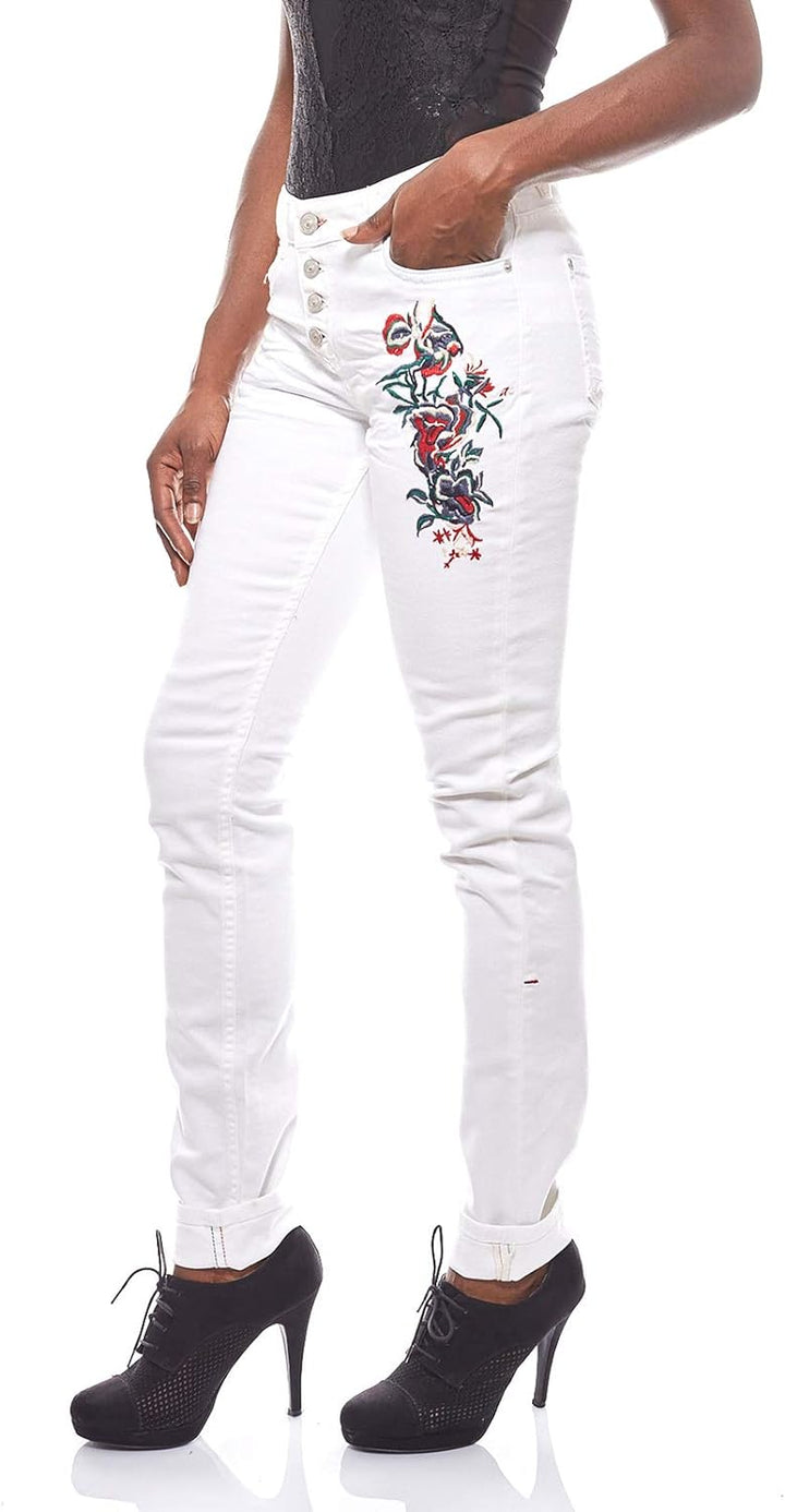H.I.S. angesagte Damen Jeans-Hose mit Blumenstickereien Trend-Hose Hose Weiss, Grössenauswahl:W42/L3