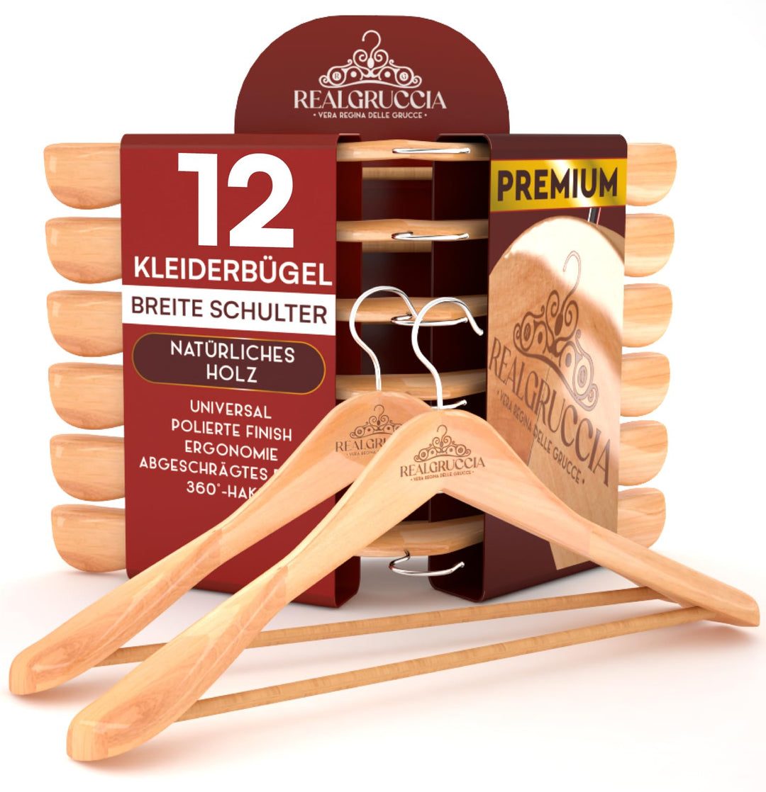 12 Kleiderbügel aus Holz Breite Schulter Holzbügel Farbe Naturholz - RealGruccia mit Hosensteg Polie