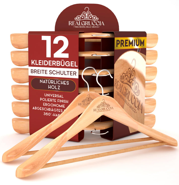 12 Kleiderbügel aus Holz Breite Schulter Holzbügel Farbe Naturholz - RealGruccia mit Hosensteg Polie