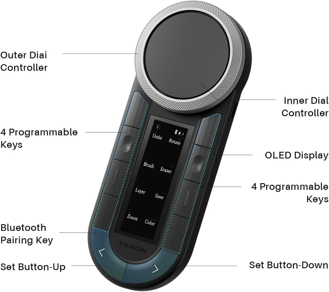 HUION Keydial Mini K40 Express Keys Remote Keyboard - Bluetooth 5.0, 10 anpassbare Tasten, Dual Dial