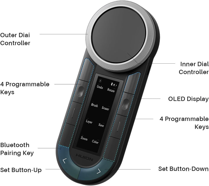 HUION Keydial Mini K40 Express Keys Remote Keyboard - Bluetooth 5.0, 10 anpassbare Tasten, Dual Dial