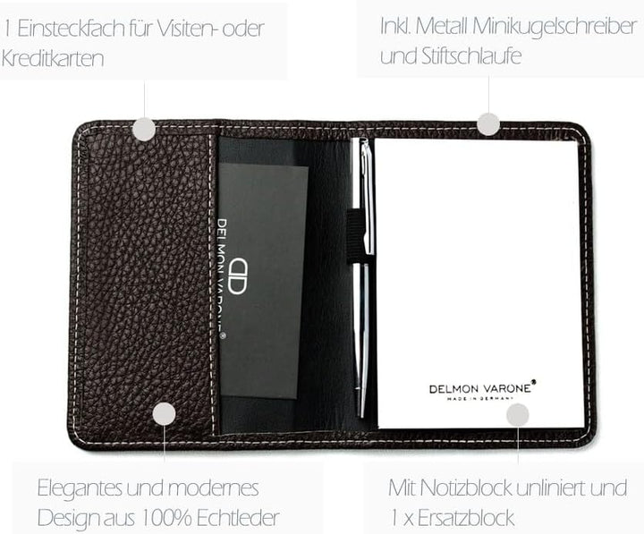 DELMON VARONE - Personalisierbares Notizblock Etui DIN A7 Premium Leder Soft Grain braun - Taschen M