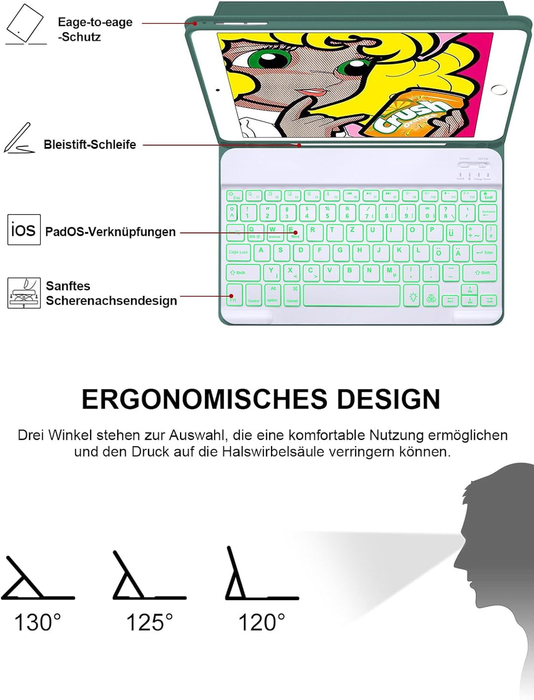 IVEOPPE Tastatur Hülle Kompatibel mit iPad 9.Gen/ 8.Gen/ 7. Generation 10,2 Zoll (2021/2020/2019),QW