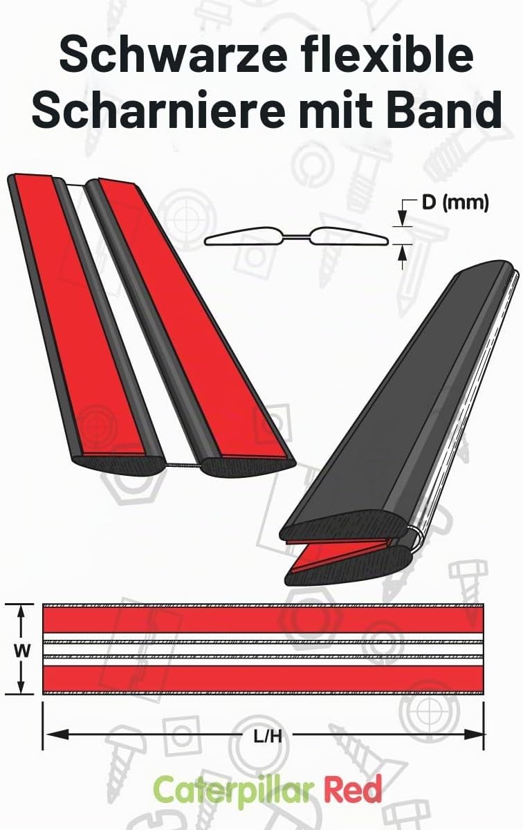 4x 200mm Schwarz Flex-Scharniere mit niedrigem Profil - Kein Klebstoff erforderlich. Selbstklebendes