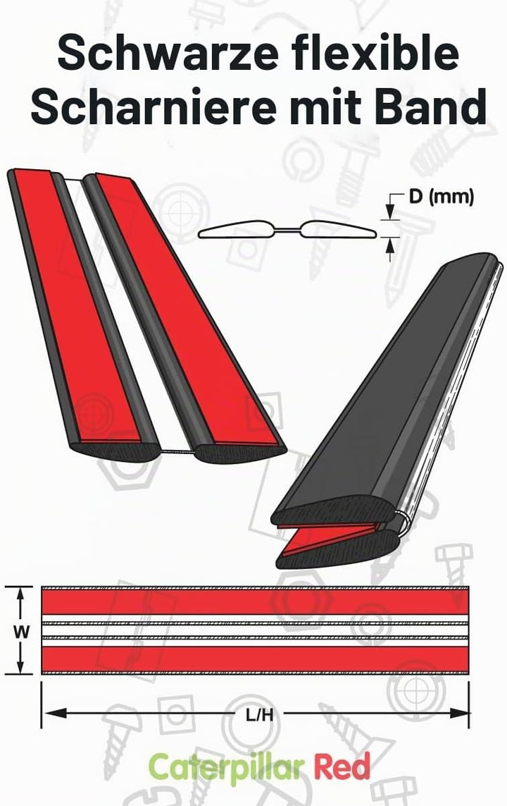4x 200mm Schwarz Flex-Scharniere mit niedrigem Profil - Kein Klebstoff erforderlich. Selbstklebendes