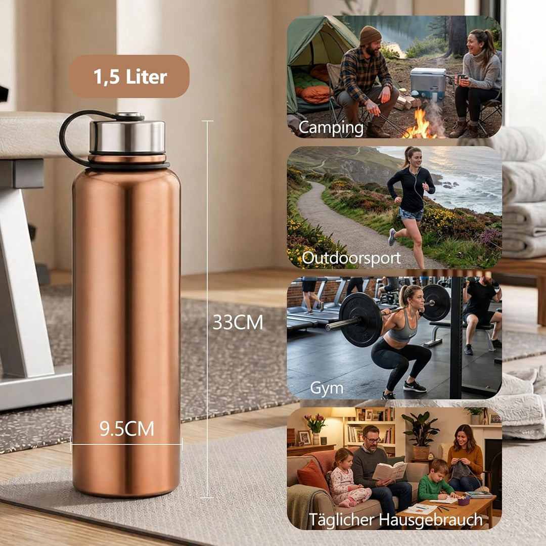 YYW 1.5 Liter Edelstahl Thermo Trinkflasche, Vakuum Isolierte Edelstahl Thermosflasche Auslaufsicher