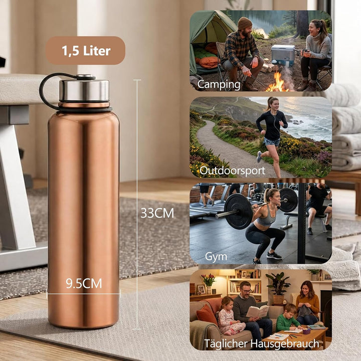 YYW 1.5 Liter Edelstahl Thermo Trinkflasche, Vakuum Isolierte Edelstahl Thermosflasche Auslaufsicher
