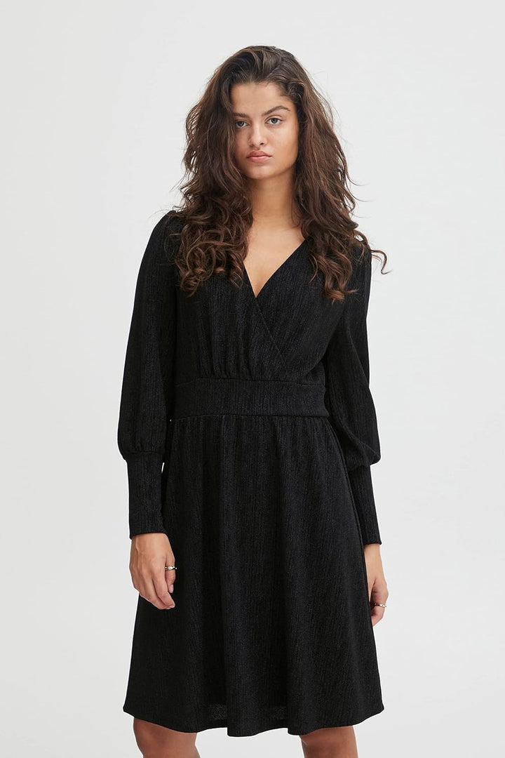 ICHI IHNELLY DR Damen Freizeitkleid Kleid Minikleid Pailletten Langarm V-Ausschnitt Regular-Fit, Bla
