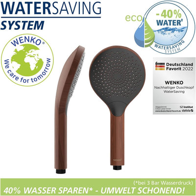 WENKO Duschkopf Watersaving Wood, wassersparende Handbrause in edler Holz-Optik aus Kunststoff, spar