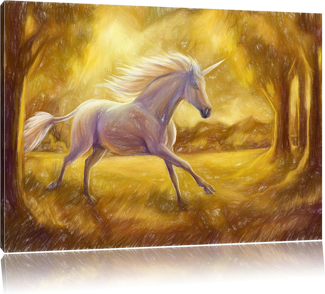 Pixxprint Einhorn im Wald / 100x70cm Leinwandbild bespannt auf Holzrahmen/Wandbild Kunstdruck Dekora