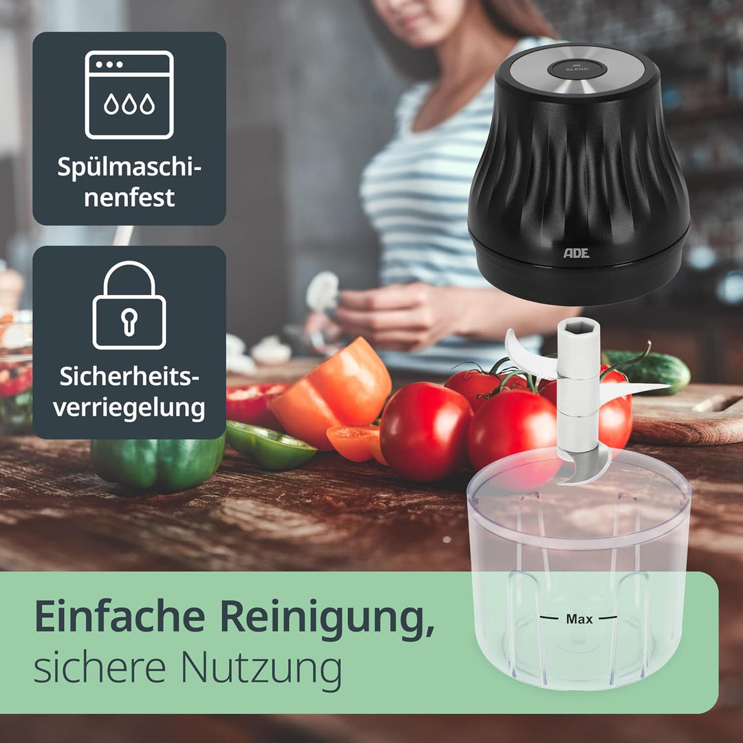 ADE Zwiebel Zerkleinerer Küche elektrisch mit Akku | Mini Mixer klein für Pesto, Kräuter, Sossen, Di