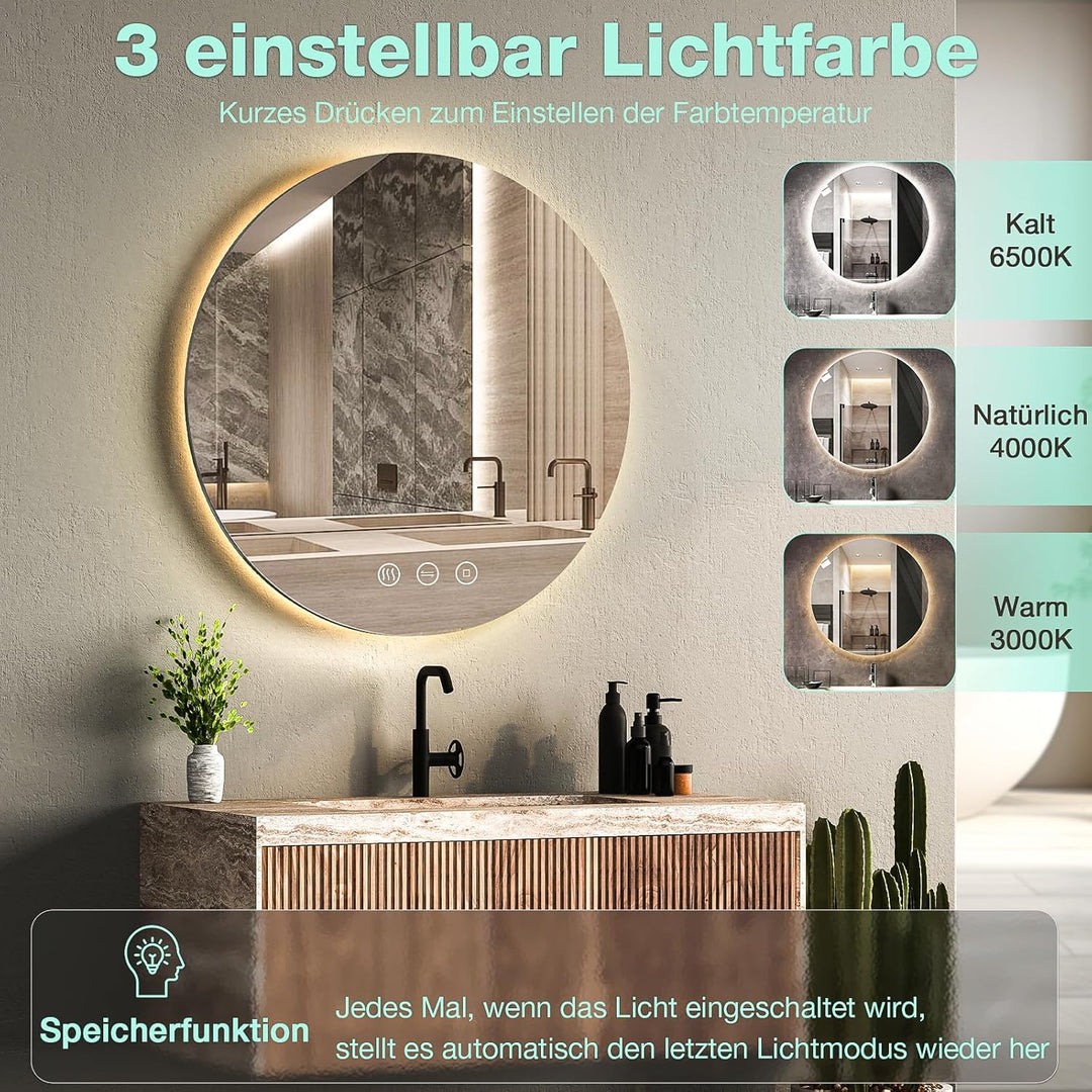 Badspiegel mit Beleuchtung, Runder Badezimmerspiegel 60 cm mit 3 Lichtfarben, Dimmbar, Touch-Schalte