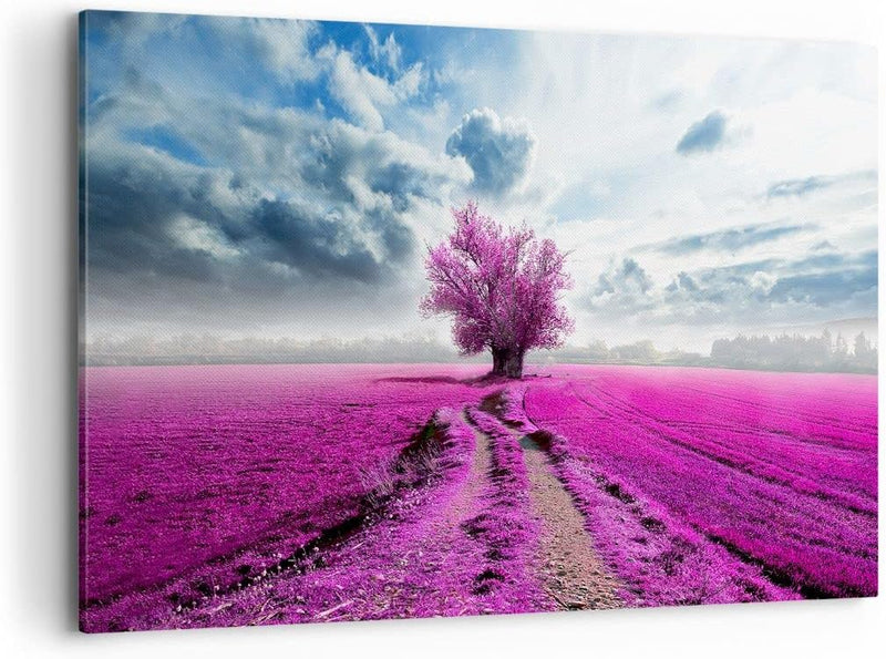 Bilder auf Leinwand 100x70cm Leinwandbild Heidefeld Baum Wolken Landschaft Gross Wanddeko Bild Schla